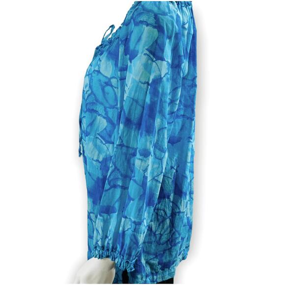 Fresh Produce Linen Turtle Print Blouse Womens Medium Blue Long Sleeve Tie Neck - Picture 4 of 9